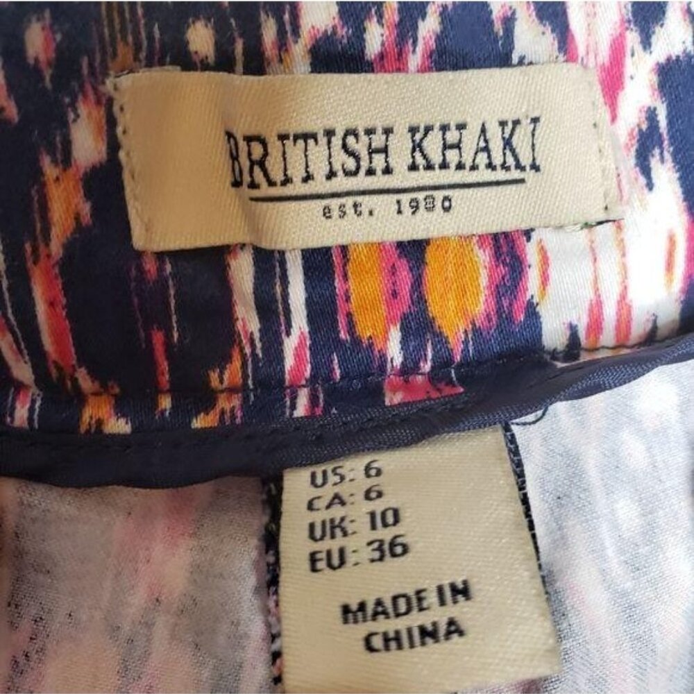 British Khaki Womens Ikat Print Shorts Size 6 Cotton navy pink calidascope boho - Picture 3 of 5